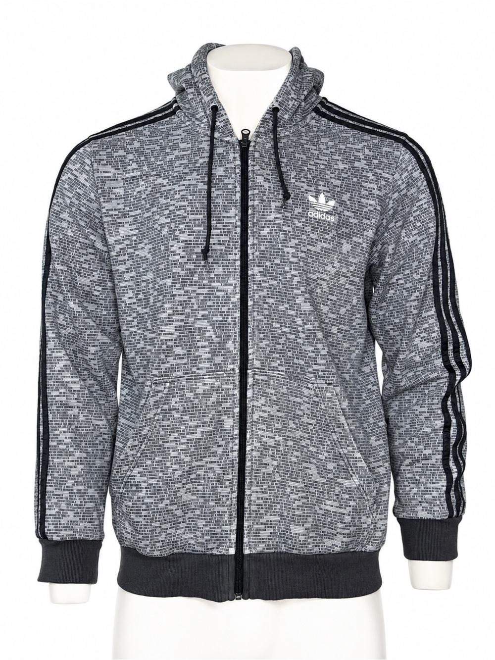 adidas Men's Grey Heather Full-Zip Hooded Jacket with Black Stripes